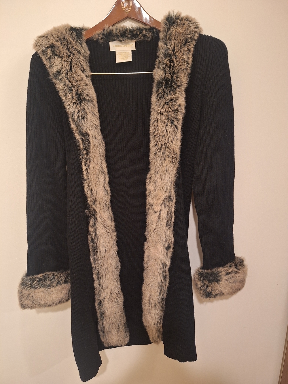Black Knit Women's Cardigan with Faux Fur Trim